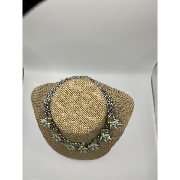 Silver tone Natasha Statement Necklace With Green & Clear Gemstones 10" Length - Picture 3 of 8